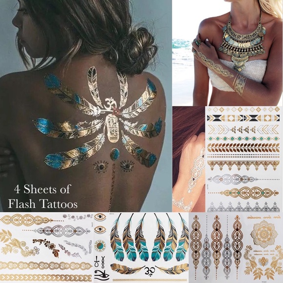 Accessories - 4 Sheets Boho Festival Temporary Metallic Flash Tattoos